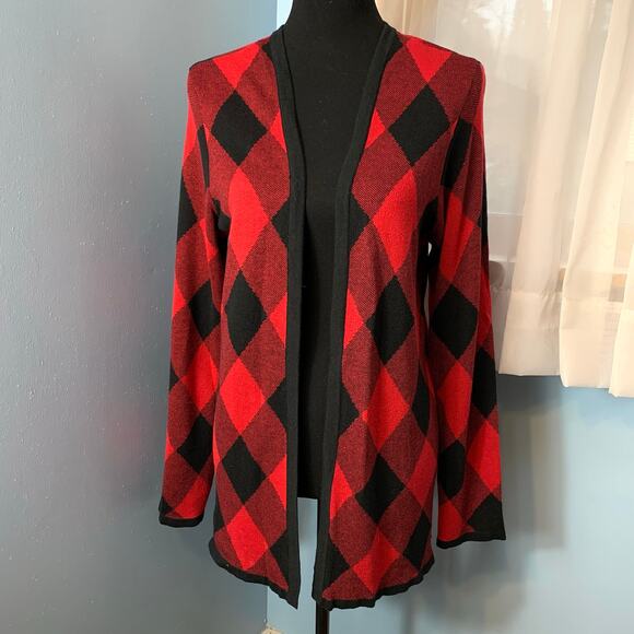 Croft & Barrow Black and Red Checked Open Front Cardigan Size Medium - Picture 1 of 6
